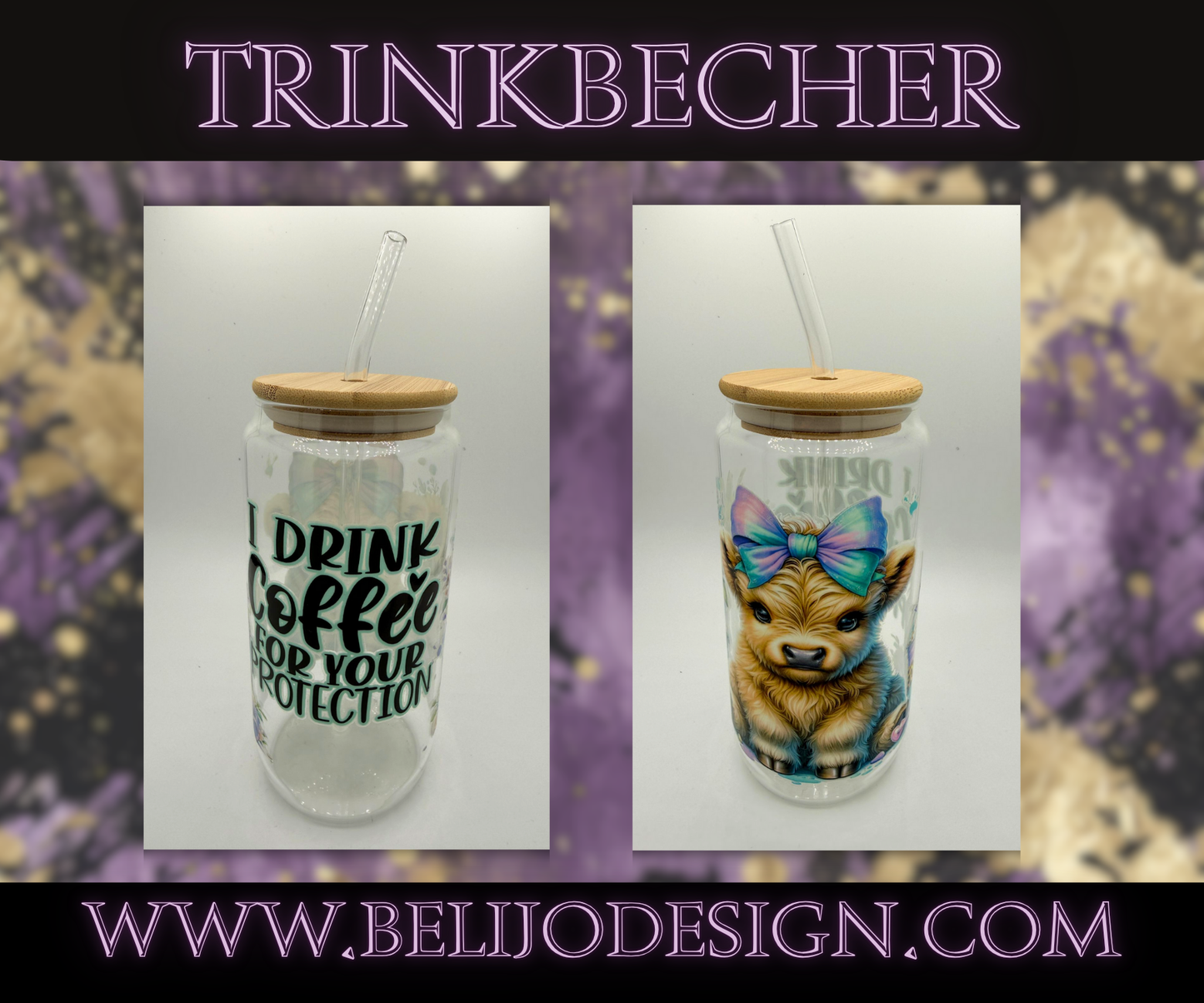 Trinkbecher - Kuh mit Blau-lila Schleife