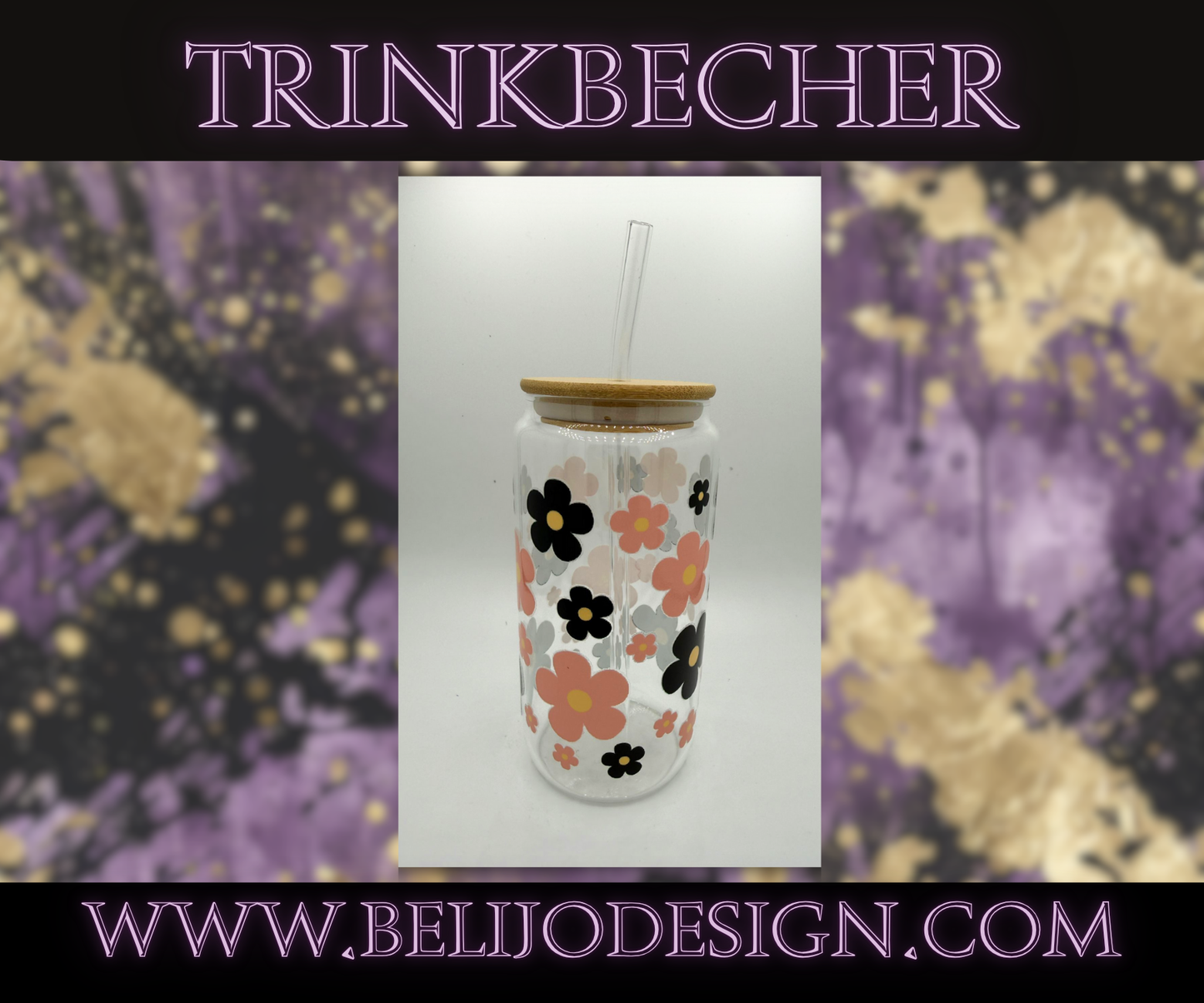 Trinkbecher - Blumen Orange & Schwarz